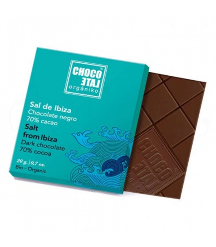 Chocolate Negro 70% Cacao con Flor de Sal de Ibiza 20g. Chocolate Orgániko. 18un.